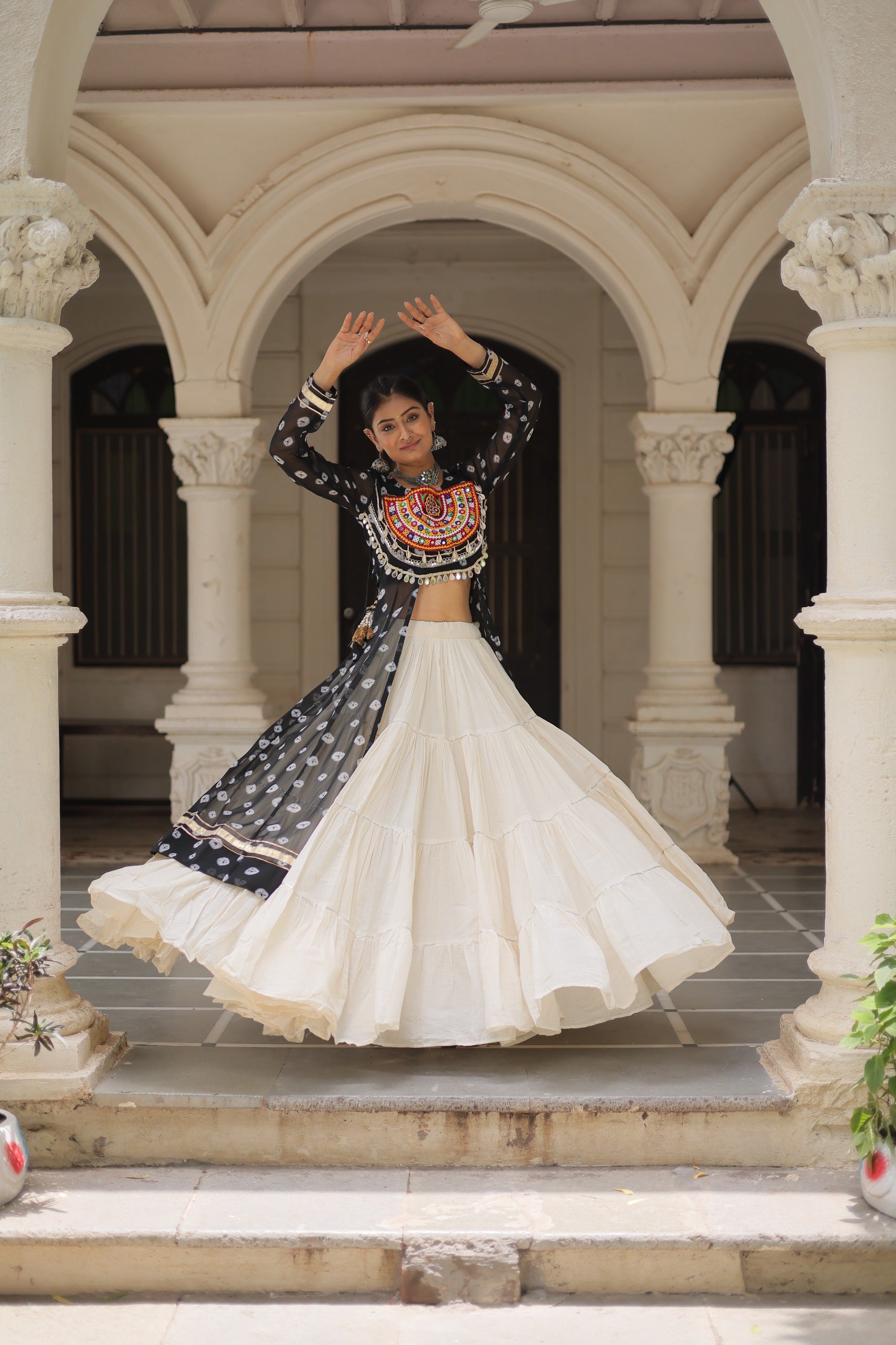 β¨  Navratri Collection - Bandhani Print Kurti with Kora Cotton Lehenga